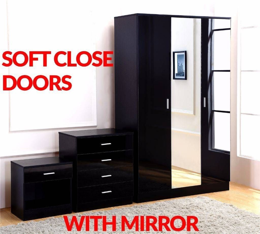 Gladini Xl Mirrored Black High Gloss 3 Door 3 Piece Bedroom With Black Gloss 3 Door Wardrobes (View 2 of 15)