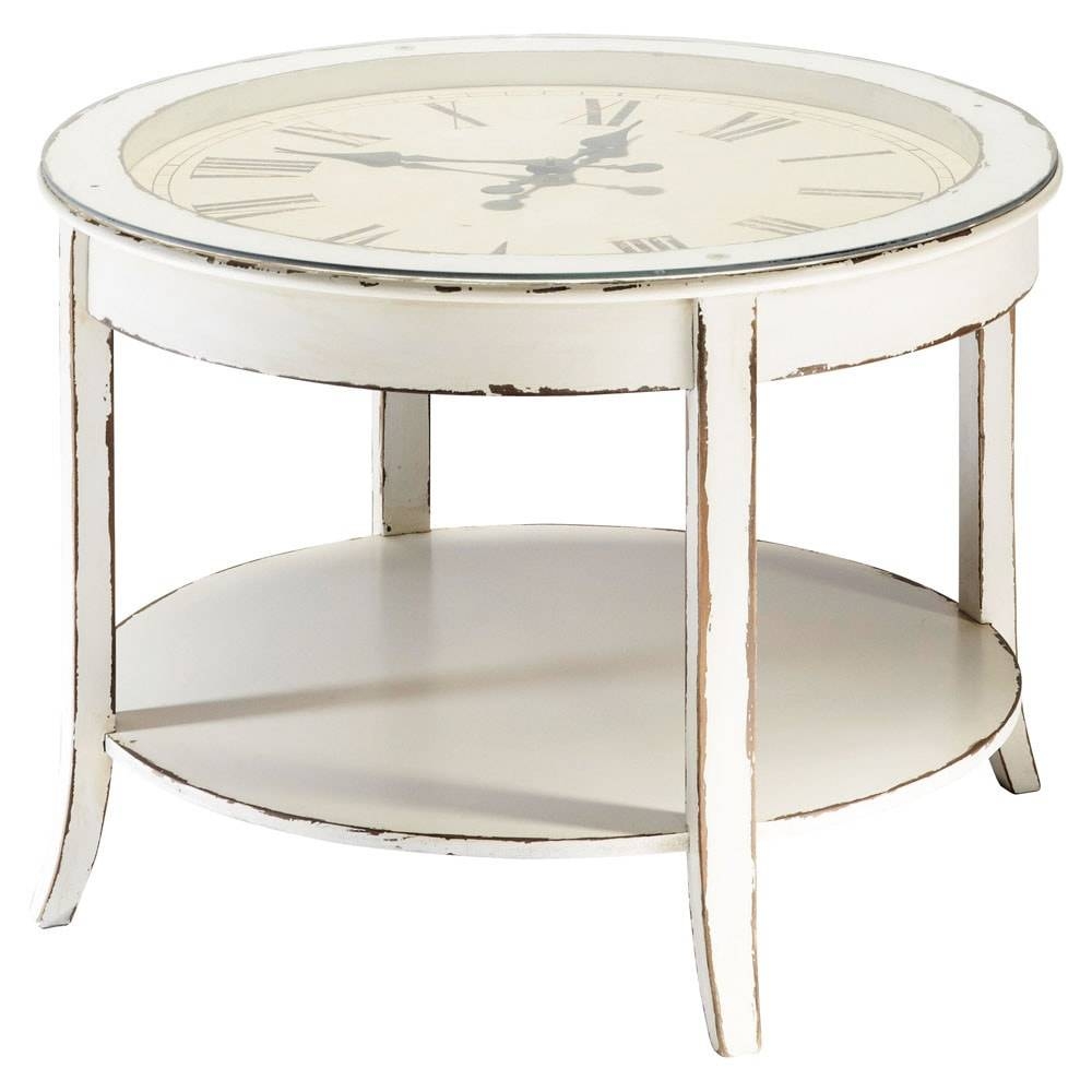 Glass And Wood Round Clock Coffee Table In White With Distressed Throughout Clock Coffee Tables Round Shaped (Photo 1 of 30)