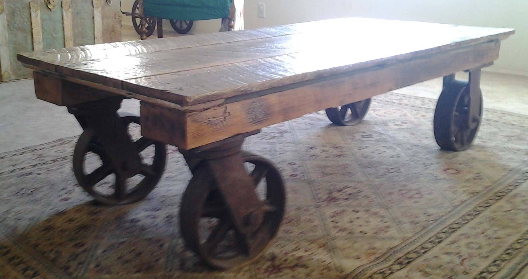 Hand Made Coffee Table With Iron Industrial Wheelsthe Farm At Regarding Wheels Coffee Tables (View 11 of 30)