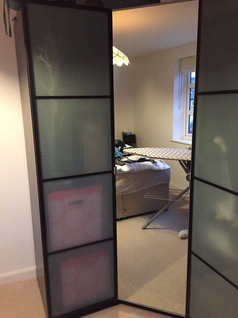 Ikea Corner Wardrobe Pax In Dark Brown With 2 Glass And One Mirror In 2 Door Corner Wardrobes (View 13 of 15)