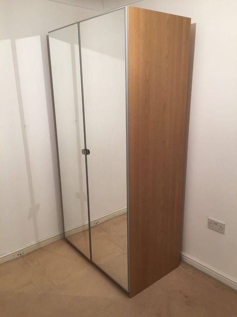 Ikea Pax Double Wardrobe – Oak Veneer With 2 Mirror Doors – Tall Regarding Oak Mirrored Wardrobes (View 10 of 15)