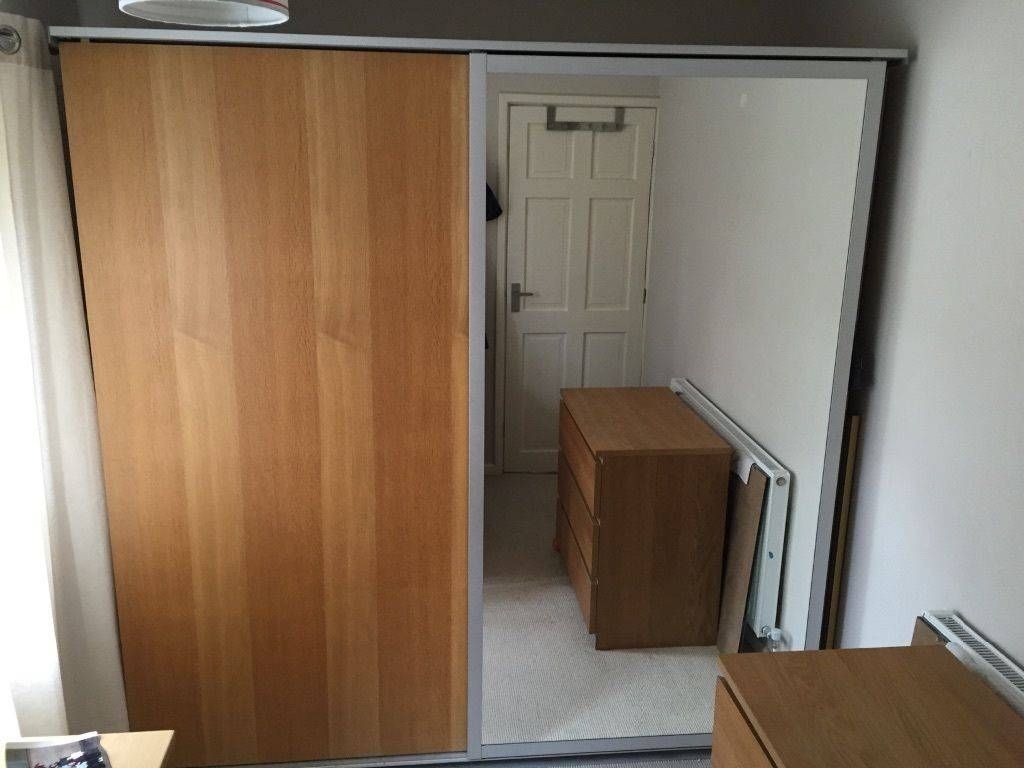 Ikea Sliding Door Double Wardrobe – Oak And Mirror Doors – Malm Intended For Oak Mirrored Wardrobes (View 6 of 15)