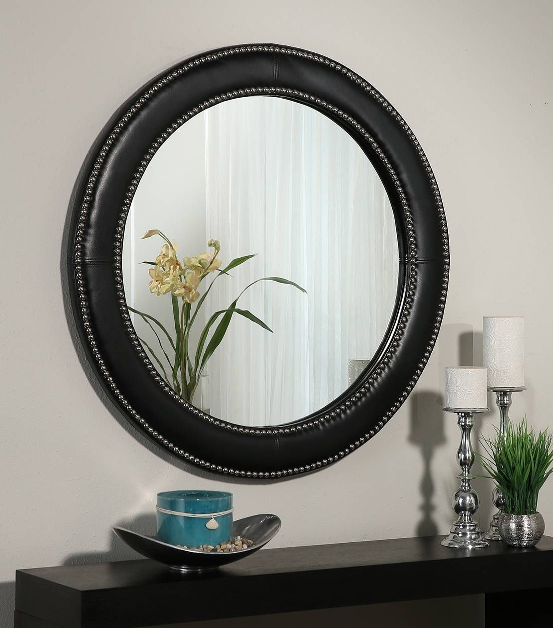 Mirrors : Celine Black Leather Round Wall Mirror For Leather Round Mirrors (View 14 of 25)