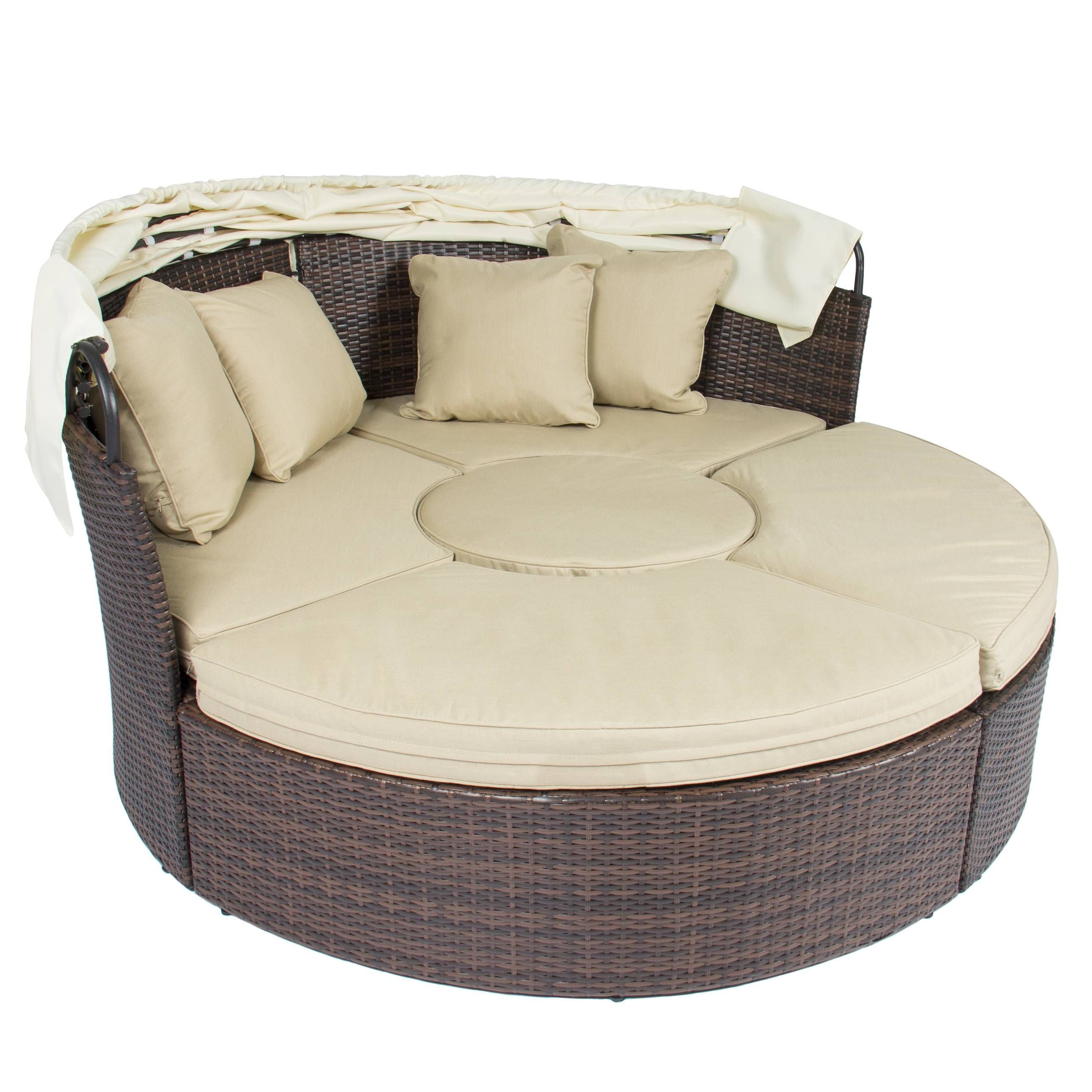 Outdoor Patio Sofa Furniture Round Retractable Canopy Daybed Brown In Big Round Sofa Chairs (View 24 of 30)