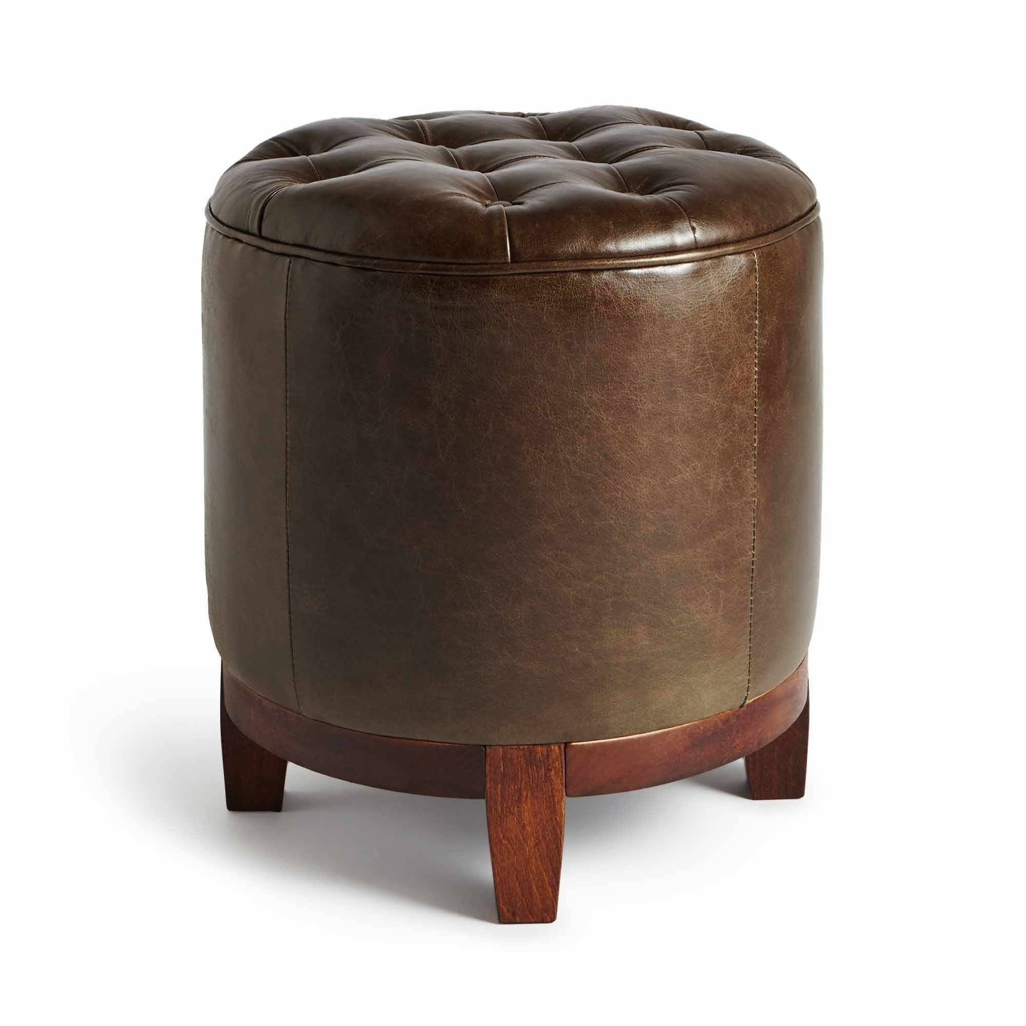 Prince Street Round Footstool, Evergreen Leather Regarding Leather Footstools (View 19 of 30)