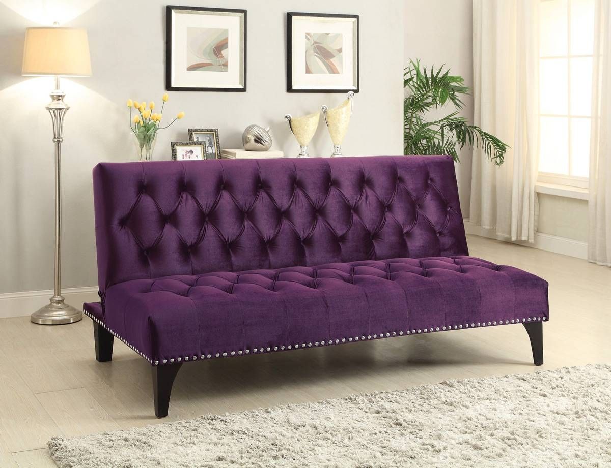 Purple Velvet Tufted Sofa Bed Futon – Caravana Furniture In Velvet Purple Sofas (View 18 of 30)