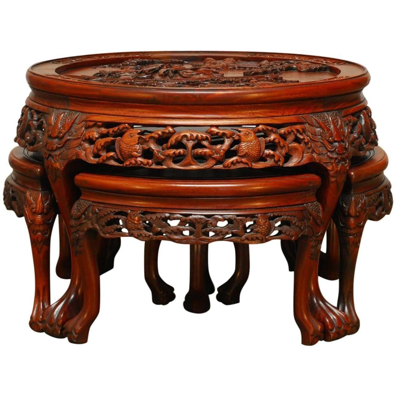 Round Chinese Carved Rosewood Tea Table With Nesting Stools For Regarding Coffee Tables With Nesting Stools (View 13 of 30)