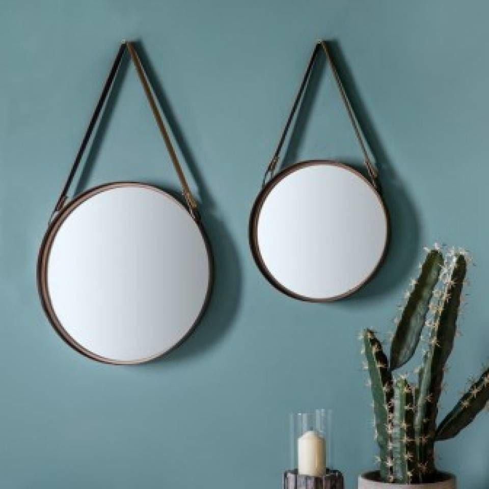 Round Mirror With Leather Hanging Strap | Grace And Grey Regarding Leather Round Mirrors (View 9 of 25)