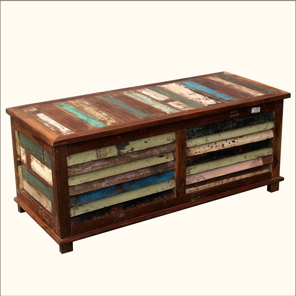 Rustic Reclaimed Wood Multi Color Coffee Table Storage Trunk Chest Pertaining To Storage Trunk Coffee Tables (View 23 of 30)