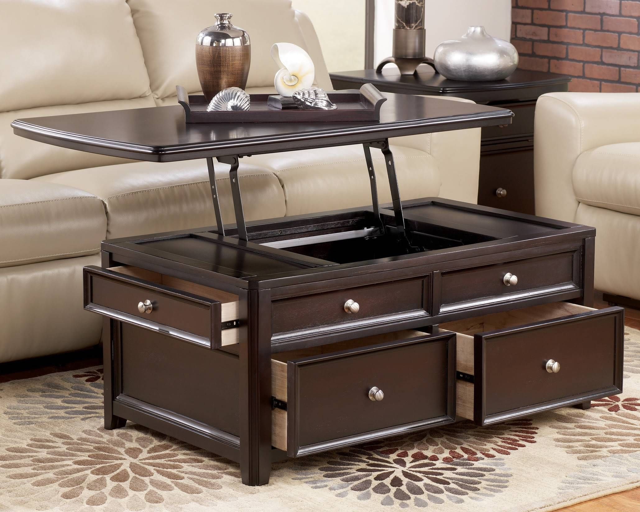Sedona Lift Top Coffee Table In Java With 4 Storage Ottomans With Regard To Coffee Table With Raised Top (View 18 of 30)