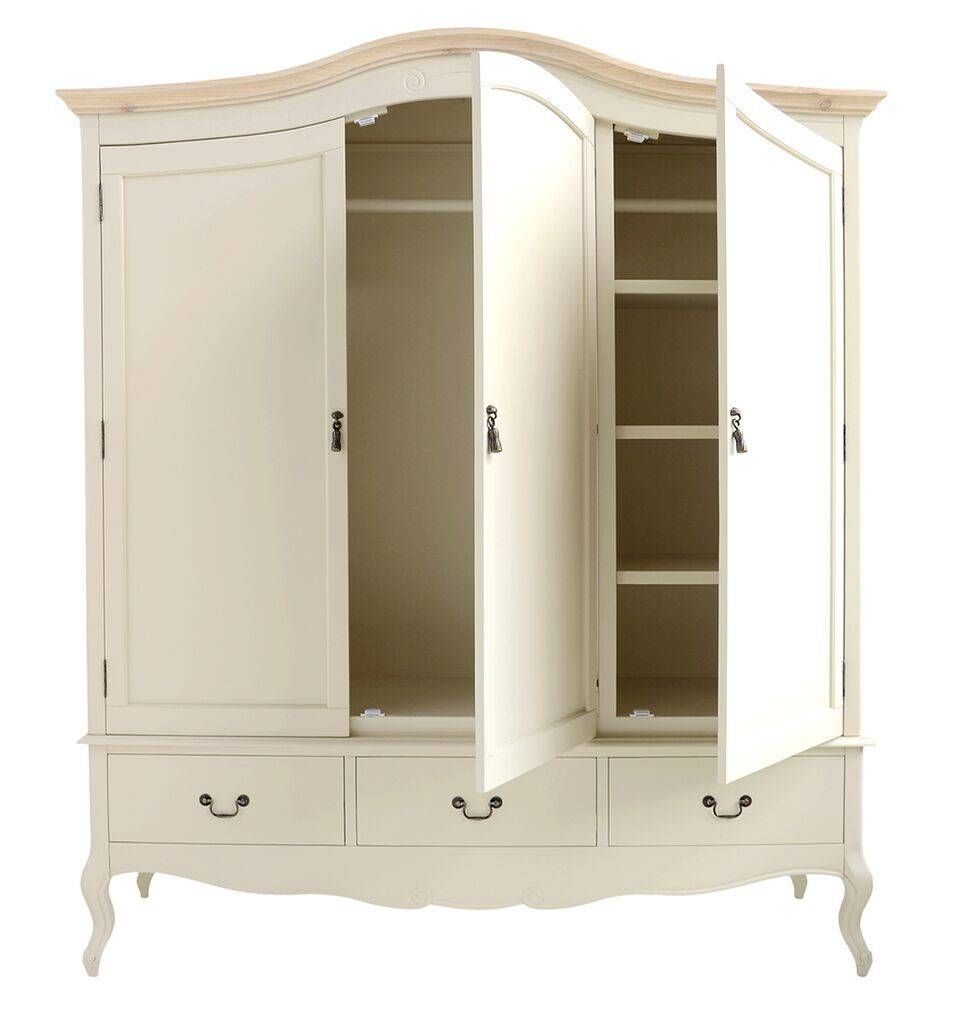 Shabby Chic Champagne Painted Triple Wardrobe With Wooden Trim Within Painted Triple Wardrobes (View 13 of 15)