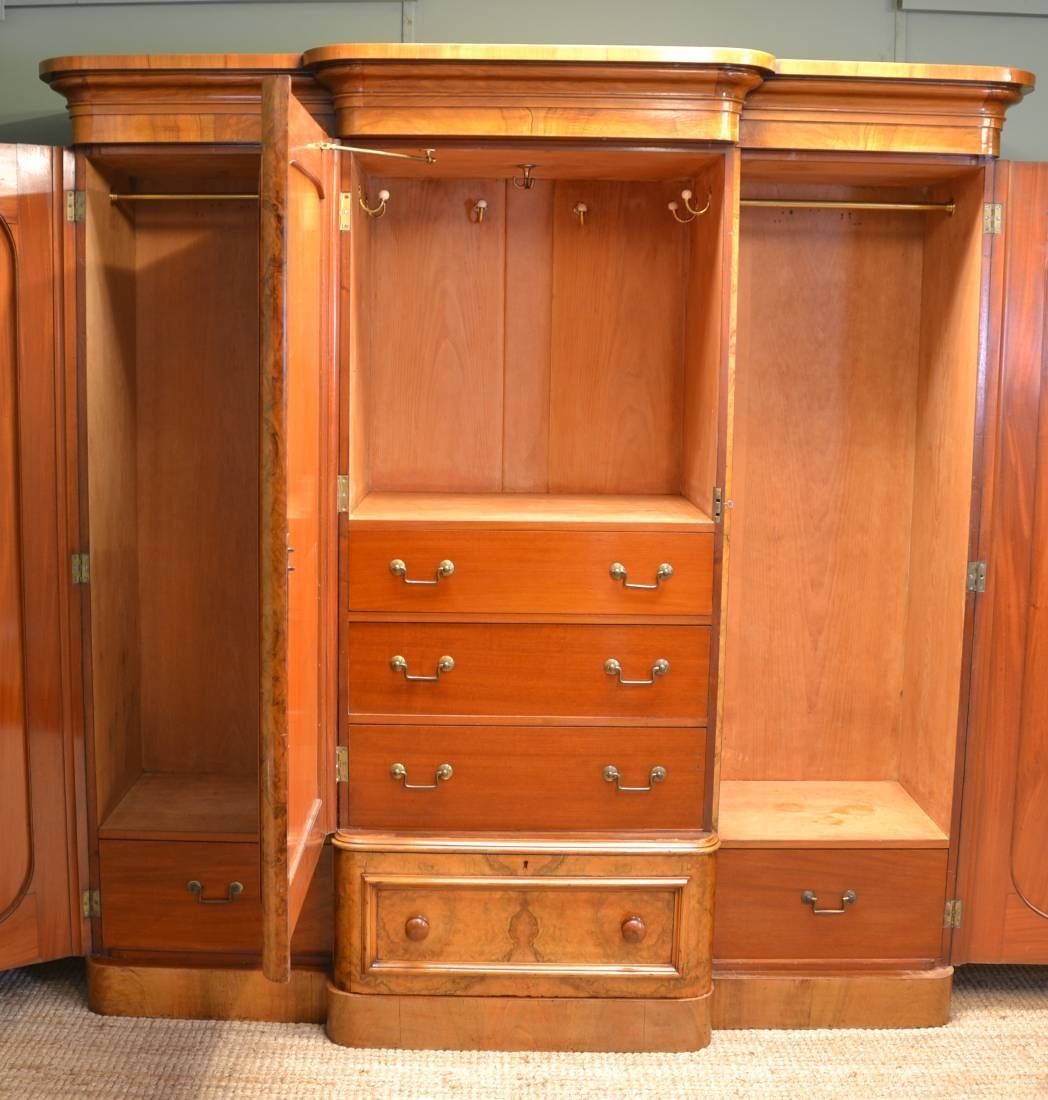 Spectacular Quality Figured Burr Walnut Antique Triple Wardrobe Intended For Antique Triple Wardrobes (View 3 of 15)