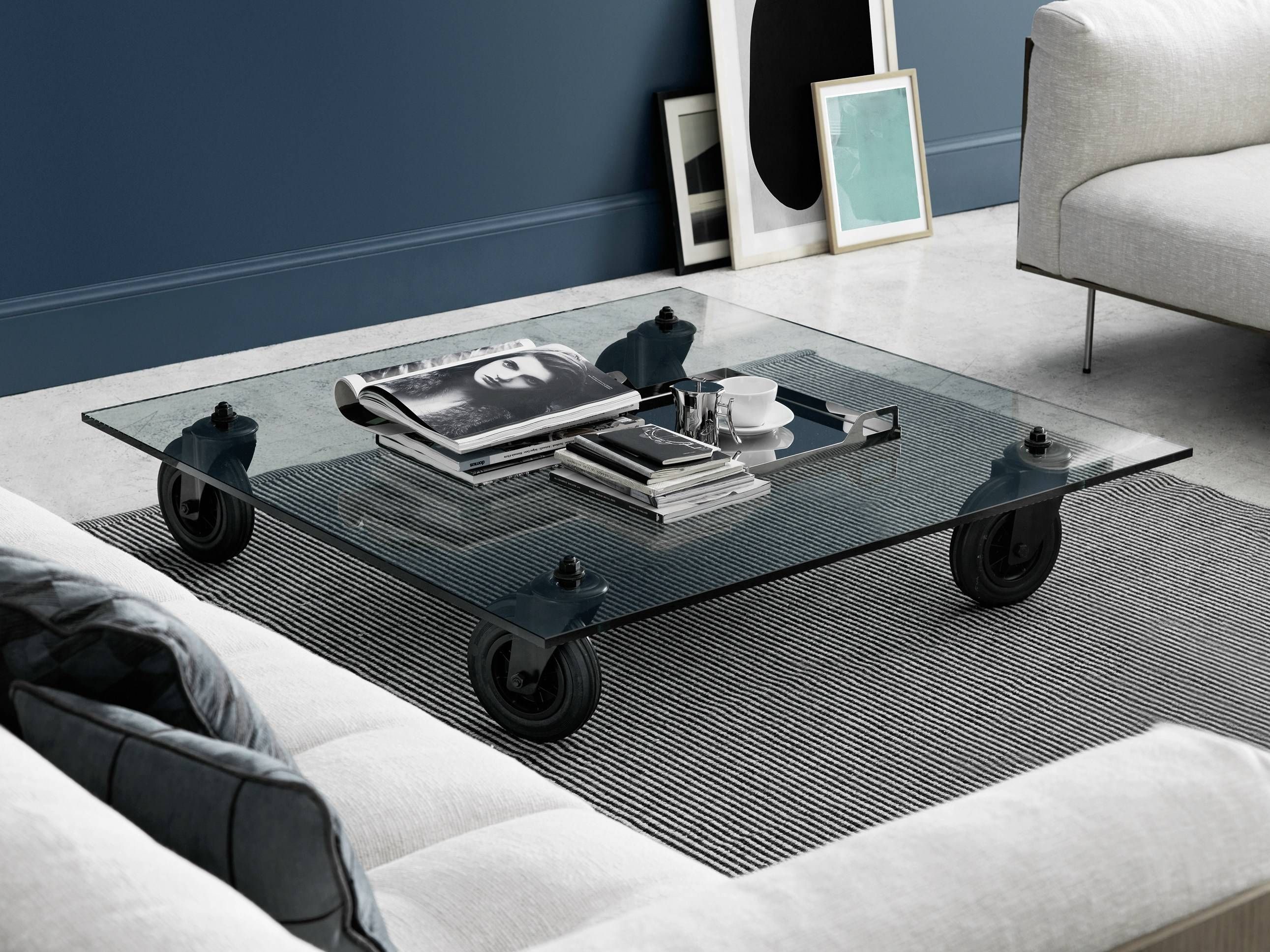 Square Float Glass Coffee Table With Casters Tavolo Con Ruote Intended For Floating Glass Coffee Tables (Photo 24 of 30)