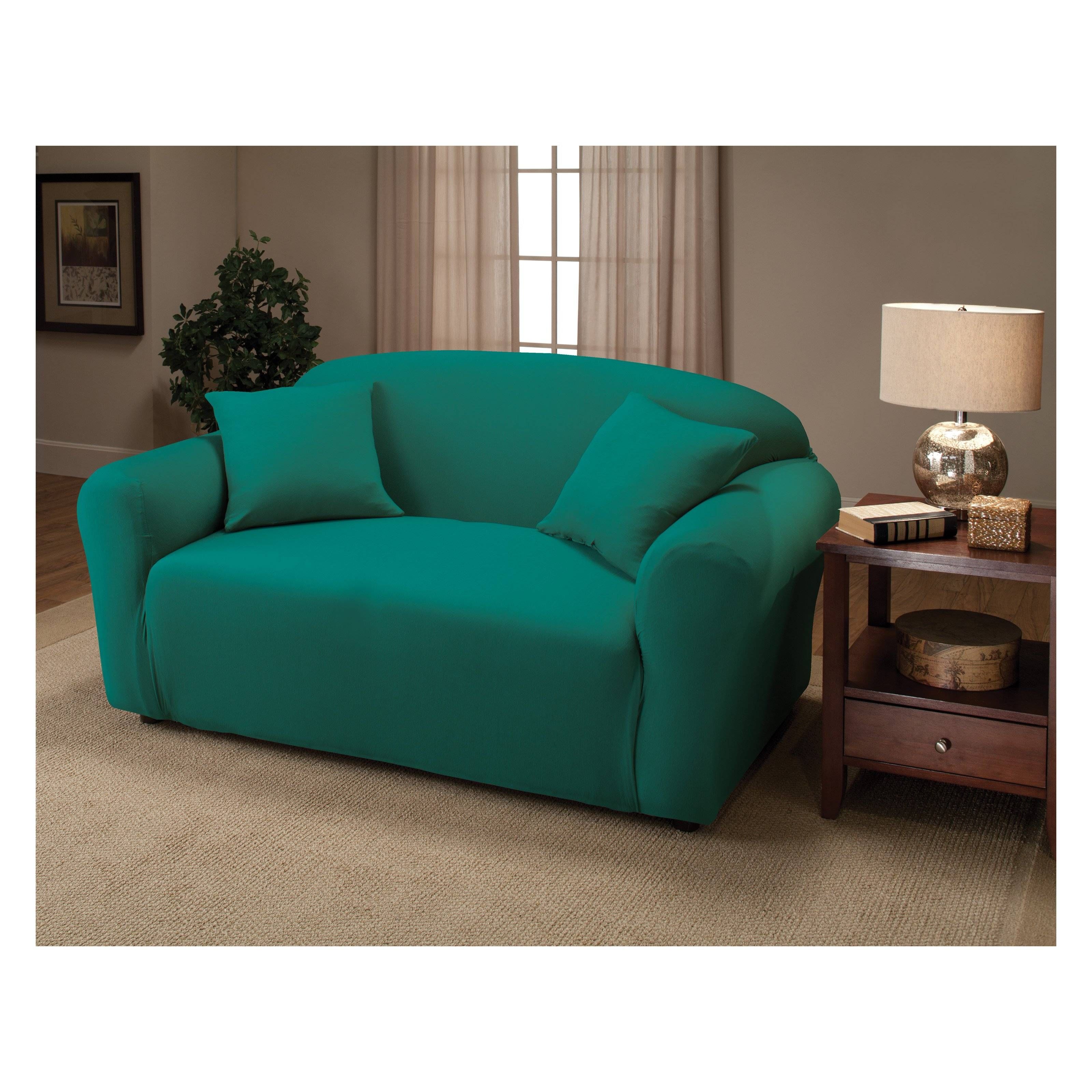 Sure Fit Stretch Pique Three Piece Loveseat Slipcover | Hayneedle Pertaining To Sofa Loveseat Slipcovers (View 9 of 30)