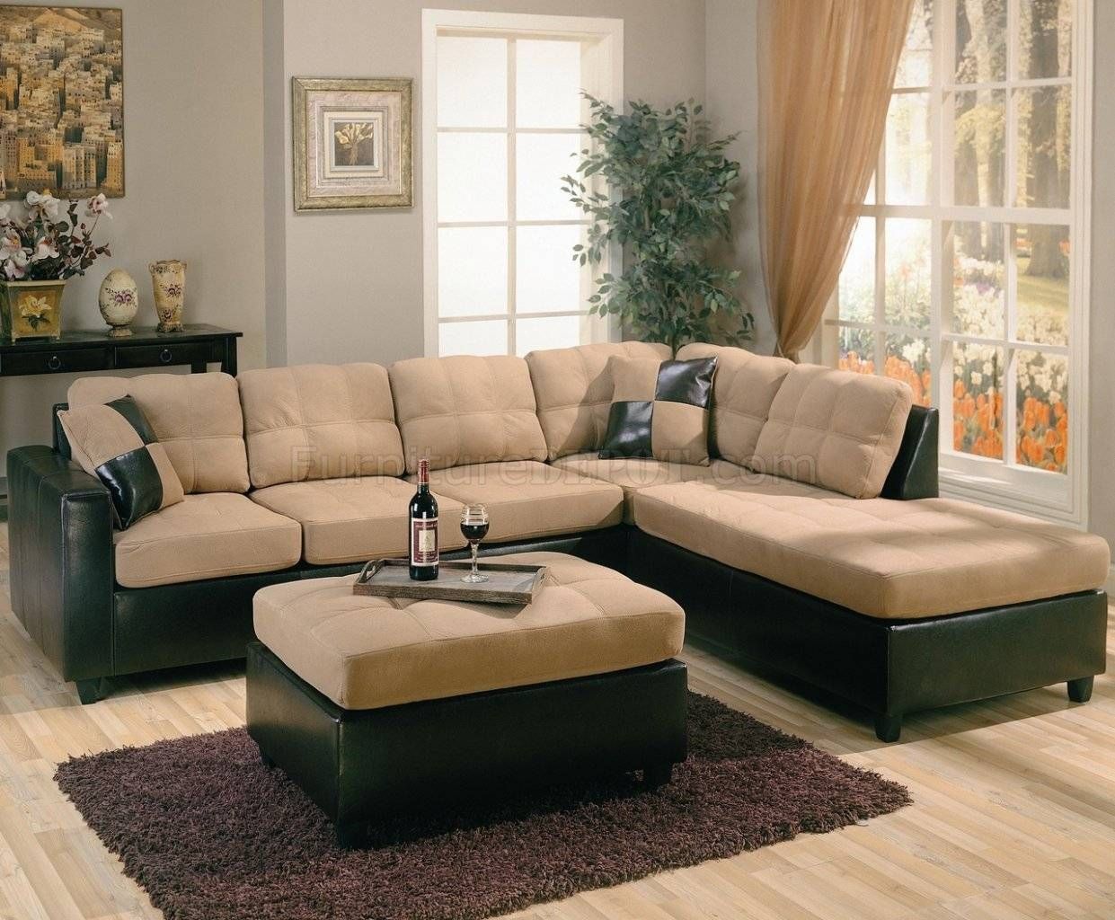 Two Tone Tan Microfiber & Dark Brown Faux Leather Sectional Sofa With Regard To Faux Leather Sectional Sofas (View 6 of 25)