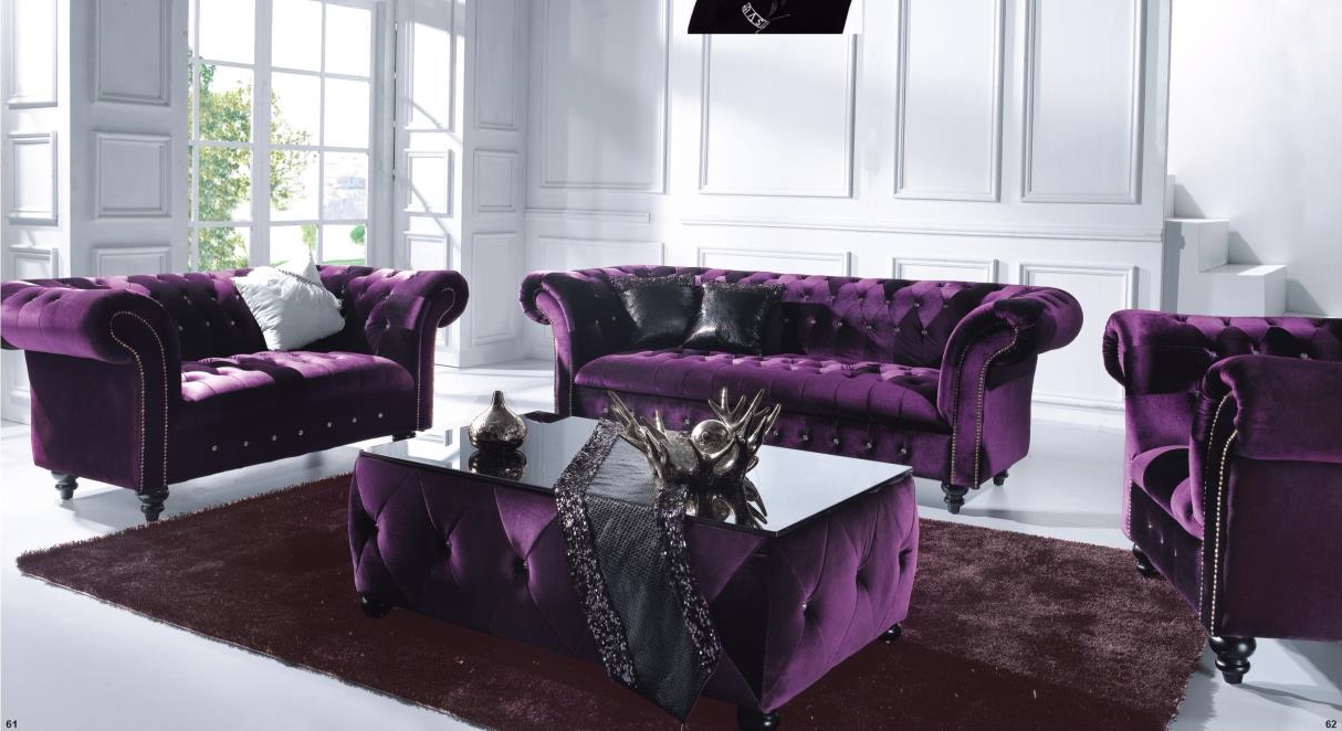 Victoria 3 Seater Chesterfield Boutique Crush Purple Velvet Sofa In Velvet Purple Sofas (Photo 1 of 30)