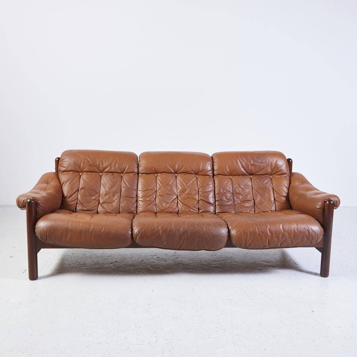 Vintage 3 Seater Leather Sofa With Teak Frame For Sale At Pamono Within 3 Seater Leather Sofas (View 12 of 30)