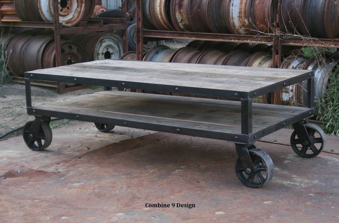 Vintage Industrial Coffee Table With Wheels (View 1 of 30)