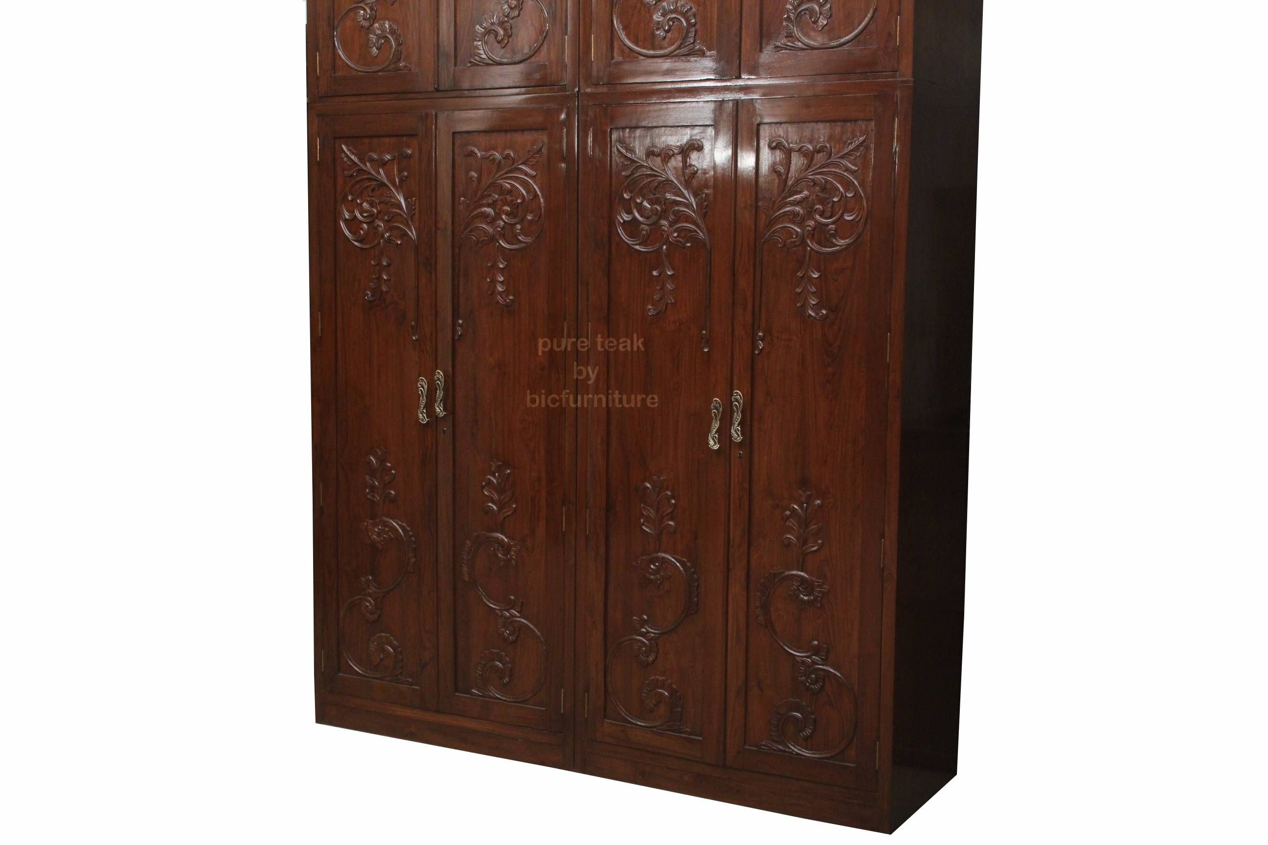 Wb 140 Teakwood Wardrobe With Carving Design Details | Bic Pertaining To Wooden Wardrobes (View 15 of 15)