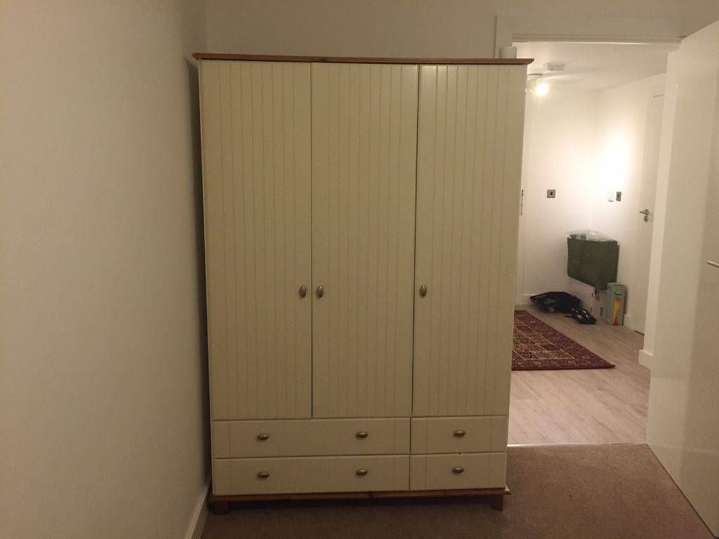 White 3 Door Wardrobe With Double Rail, Shelving Unit And 4 Throughout Double Rail White Wardrobes (View 8 of 21)