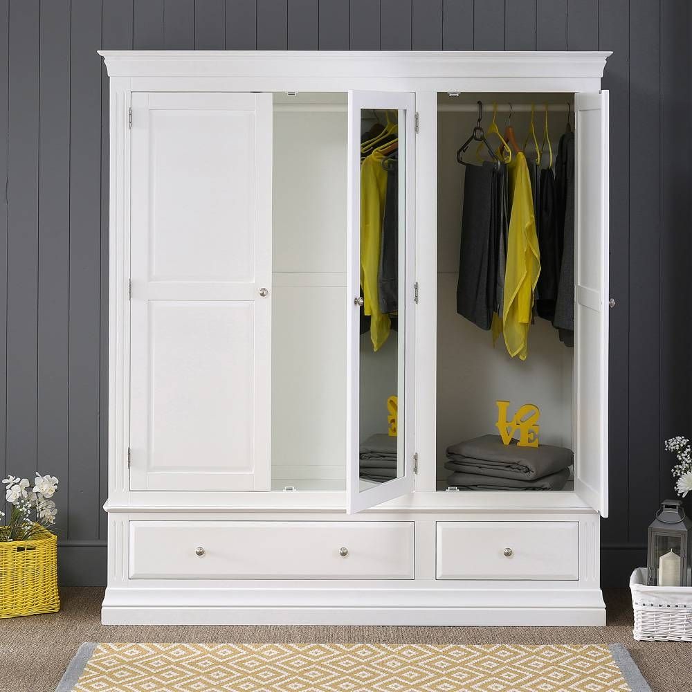 White Painted 3 Door 2 Drawer Triple Wardrobe With Mirror With Regard To White 3 Door Mirrored Wardrobes (Photo 12 of 15)