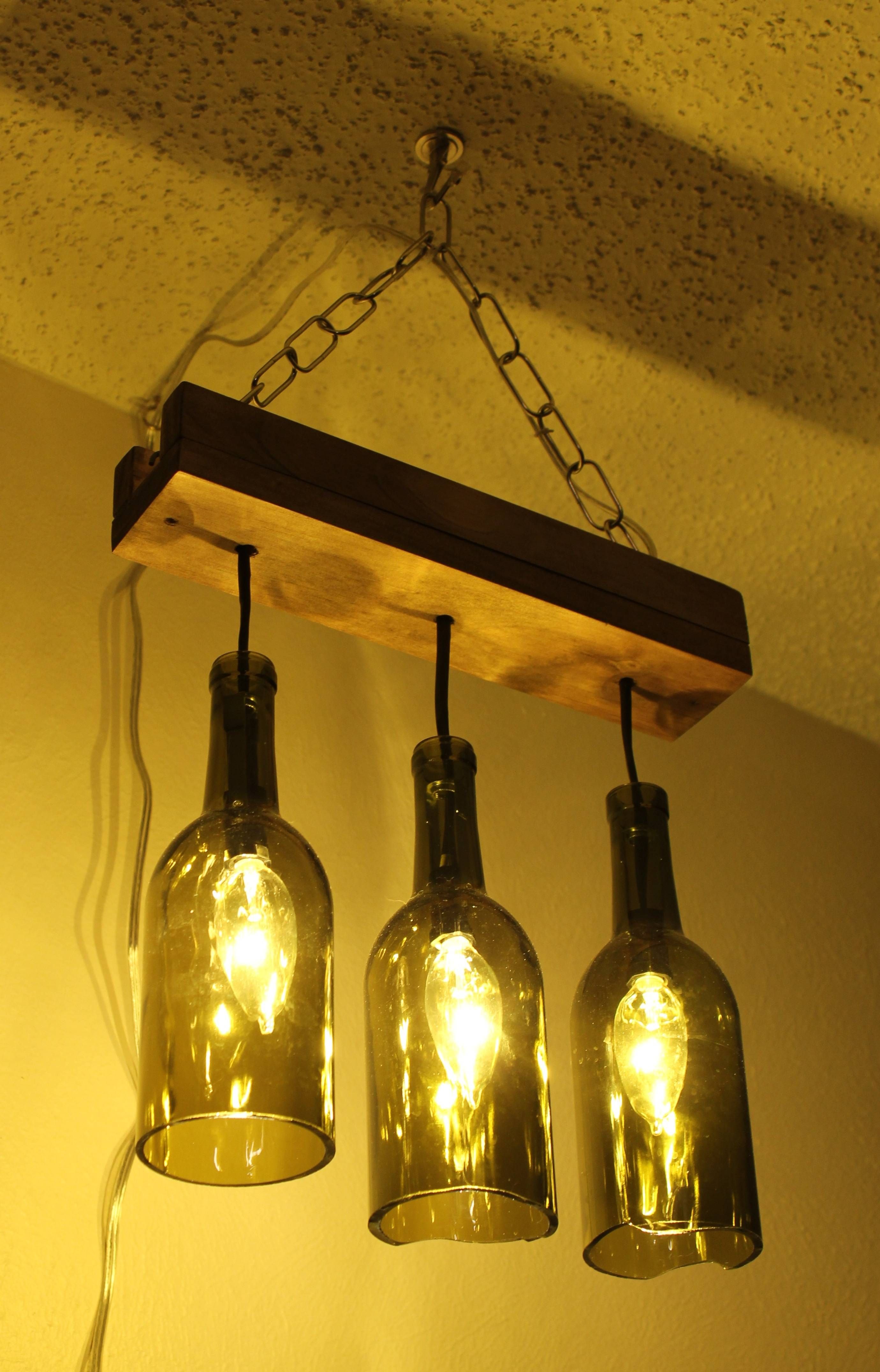 3 Wine Bottle Pendant Lamp Design Come With Rectangular Wooden Pertaining To Wine Pendant Lights (View 9 of 15)