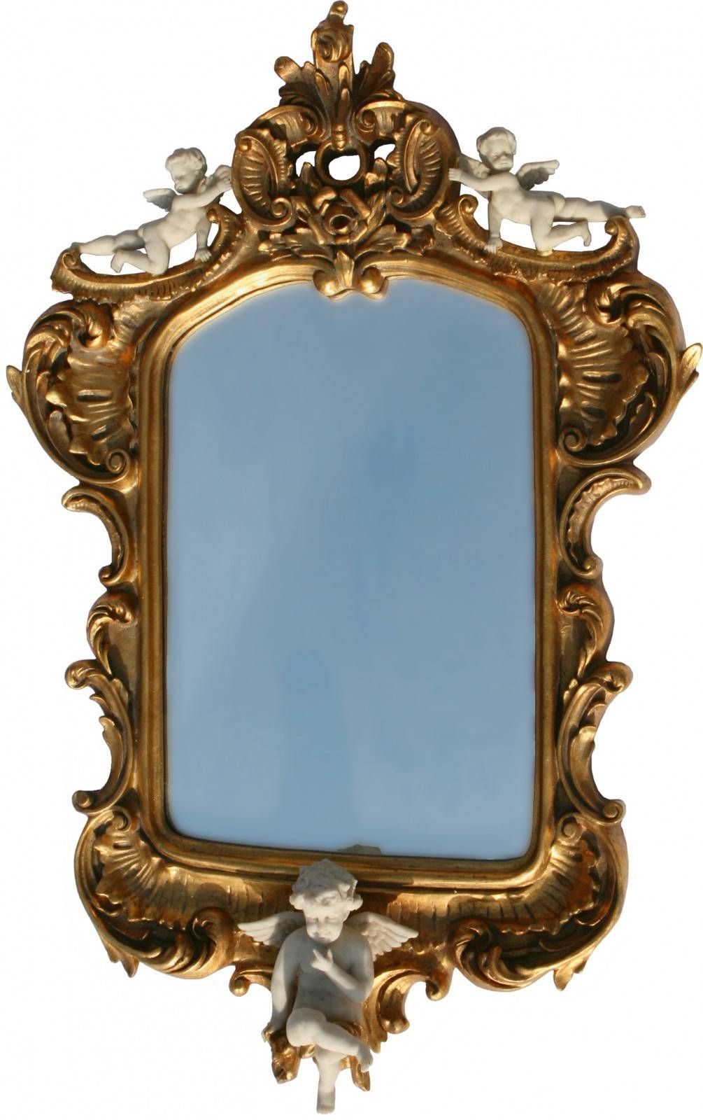 Angel Motif Baroque Mirror In Gold Wooden Frame With Three White Intended For Gold Baroque Mirrors (View 4 of 15)