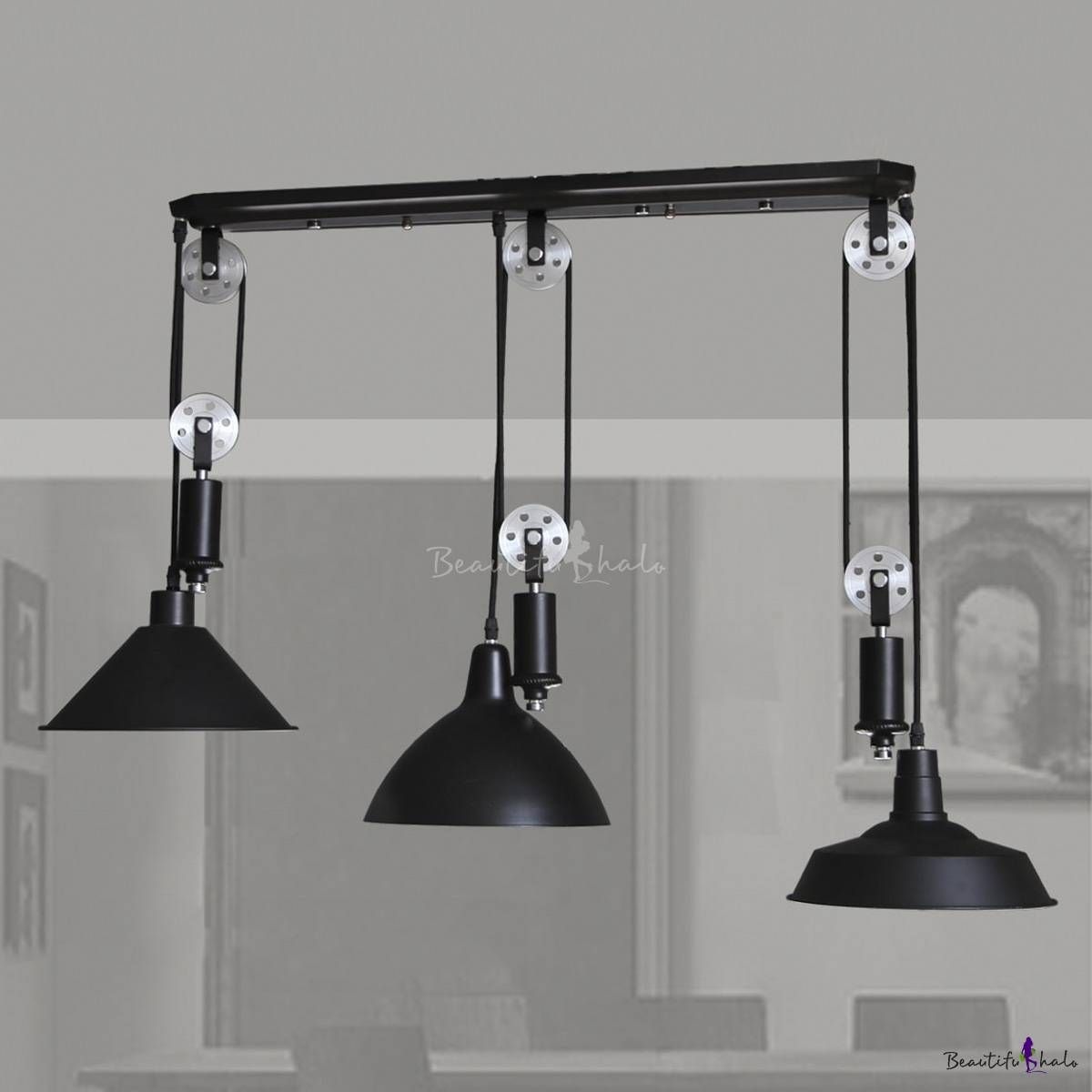 Black 3 Light Pulley Large Pendant Light – Beautifulhalo Intended For Pulley Adjustable Pendant Lights (Photo 13 of 15)