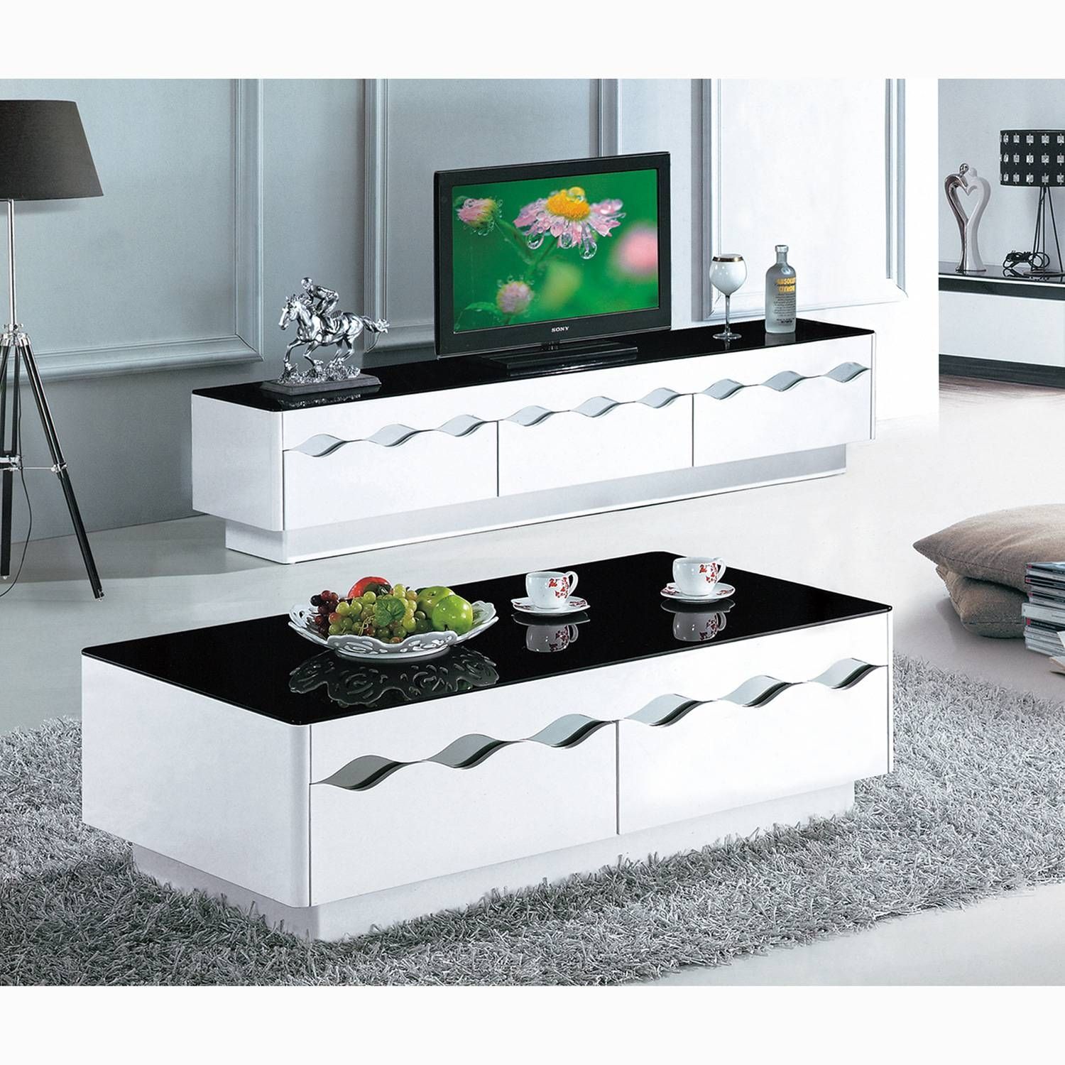 Black And White Paint Glass Coffee Table Living Room Furniture Tv With Tv Cabinets And Coffee Table Sets (View 4 of 15)
