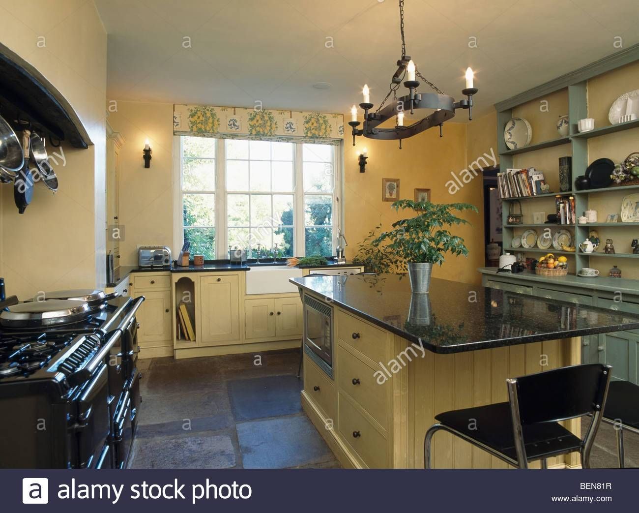 kitchen with black wrought iron lighting