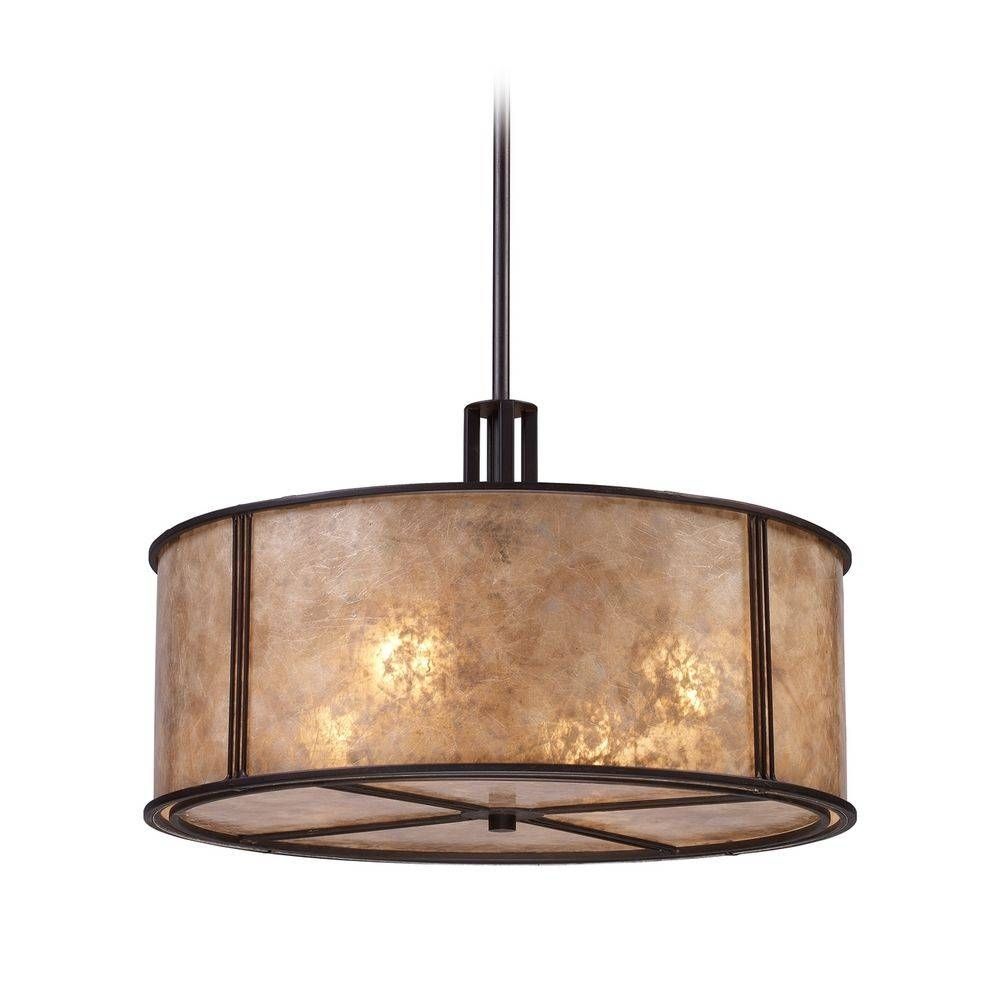 Drum Pendant Light With Brown Mica Shade In Aged Bronze Finish Intended For Brown Drum Pendant Lights (Photo 2 of 15)