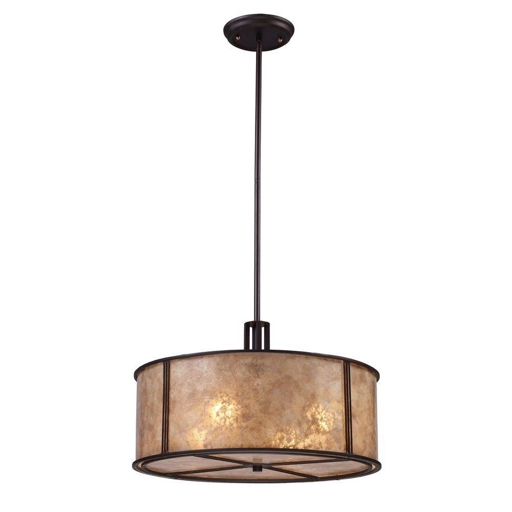 Drum Pendant Light With Brown Mica Shade In Aged Bronze Finish Pertaining To Brown Drum Pendant Lights (Photo 12 of 15)