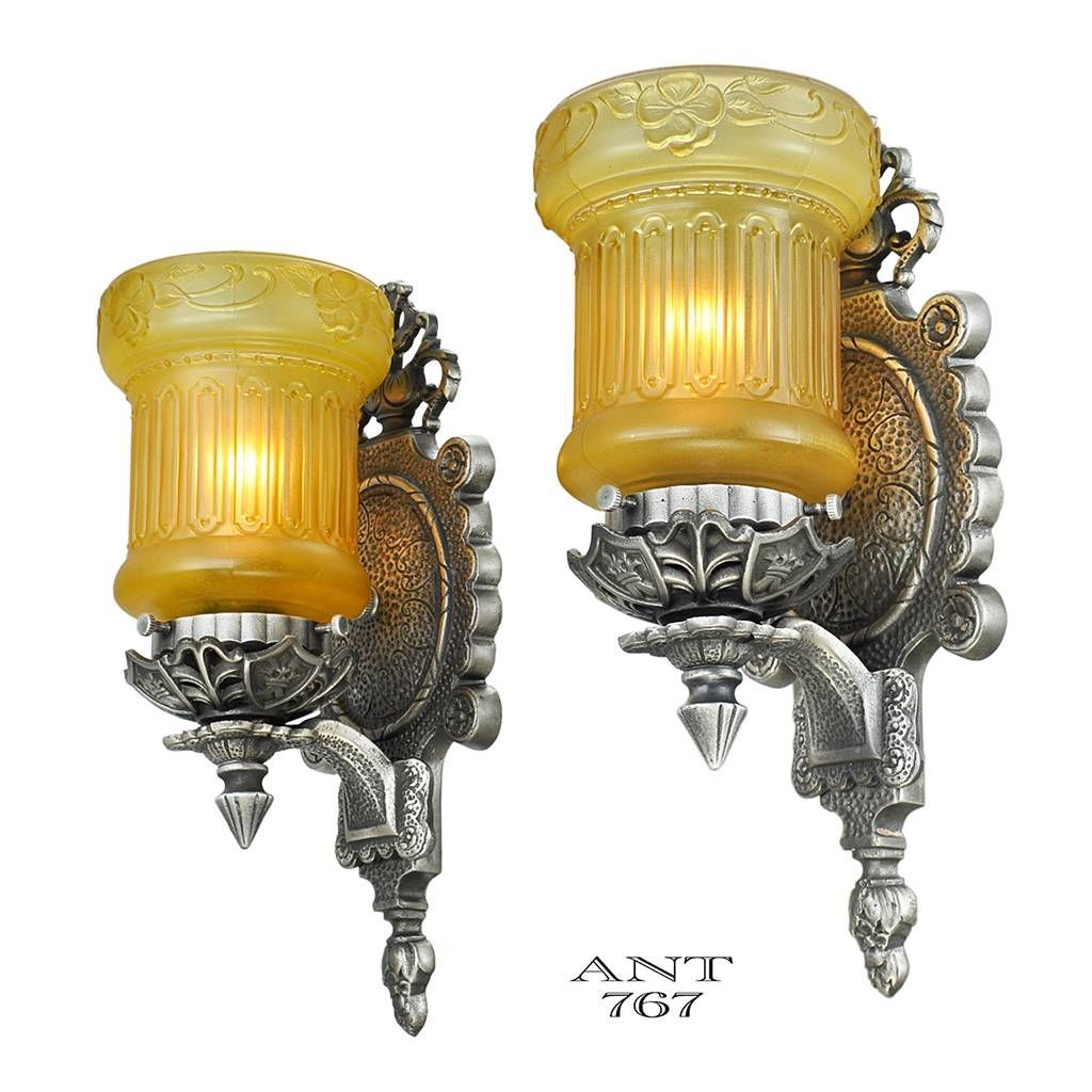 Edwardian Pair Wall Sconces Antique Light Fixtures With Amber Intended For Edwardian Lights Fixtures (View 13 of 15)