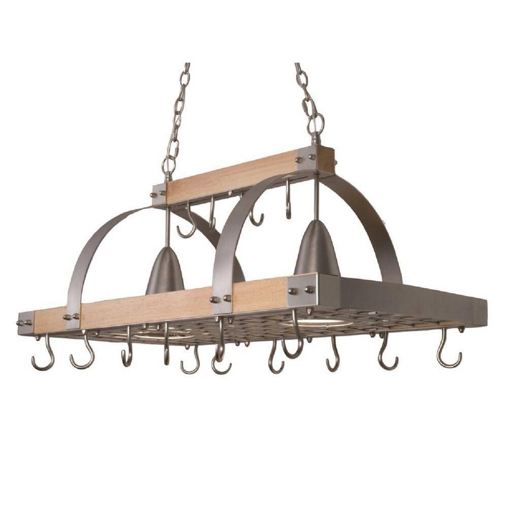 Elegant Designs 2 Light Brushed Nickel Accents Kitchen Wood Pot Throughout Pot Rack With Lights Fixtures (View 5 of 15)