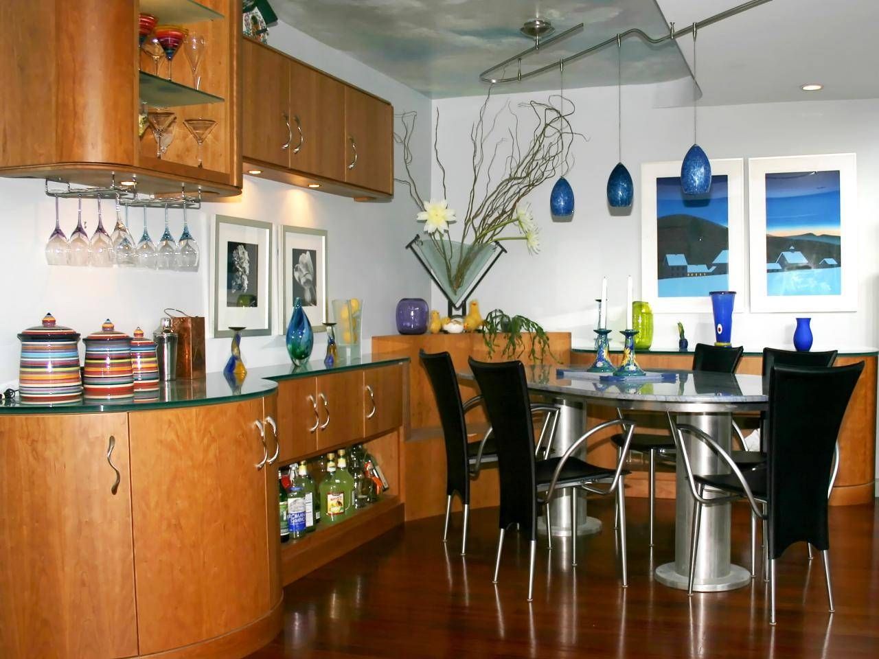 Elegant Kitchen Linear Lights Features Blue Pendant Lamps And Throughout Blue Pendant Lights For Kitchen (Photo 1 of 15)