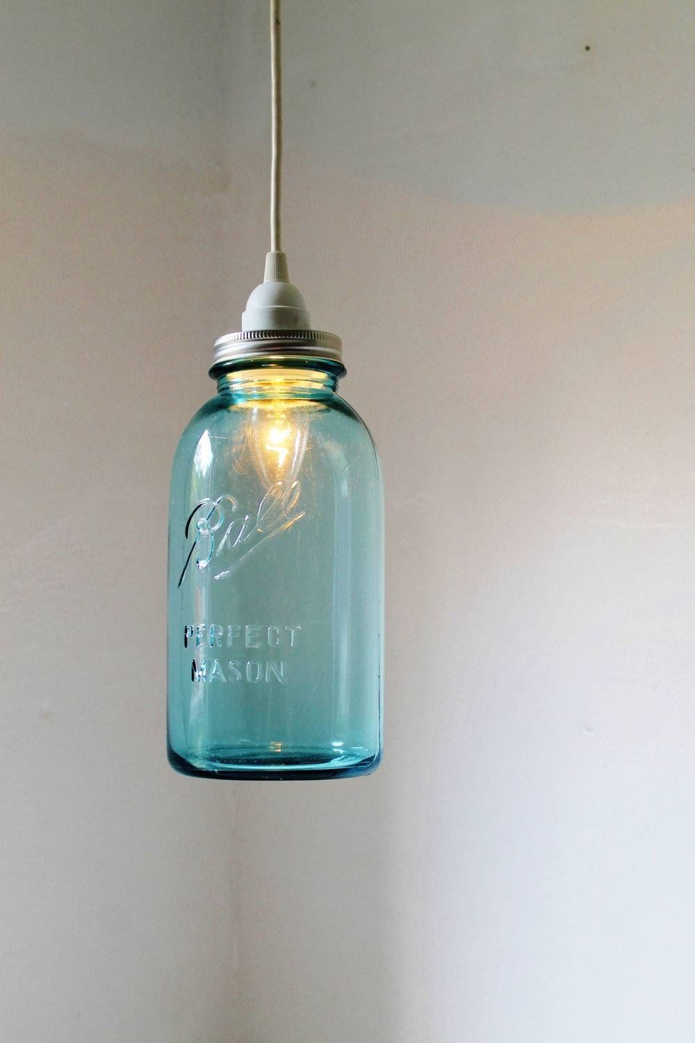 Half Gallon Blue Mason Jar Pendant Lamp Featuring An Antique Throughout Ball Jar Pendant Lights (View 4 of 15)