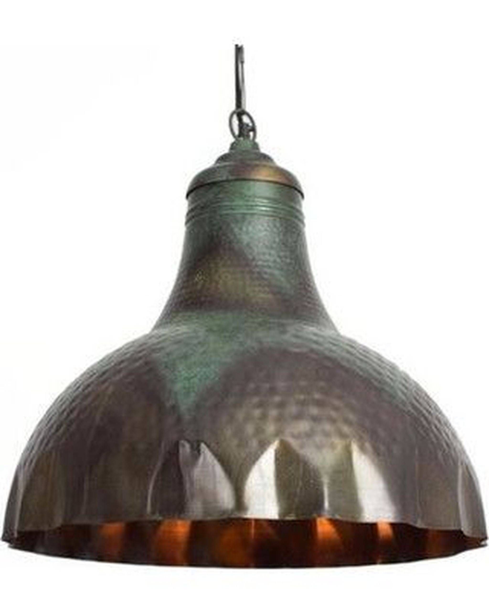 Hammered Metal Hanging Pendant Lamp With Green Patina Throughout Hammered Metal Pendants (View 5 of 15)
