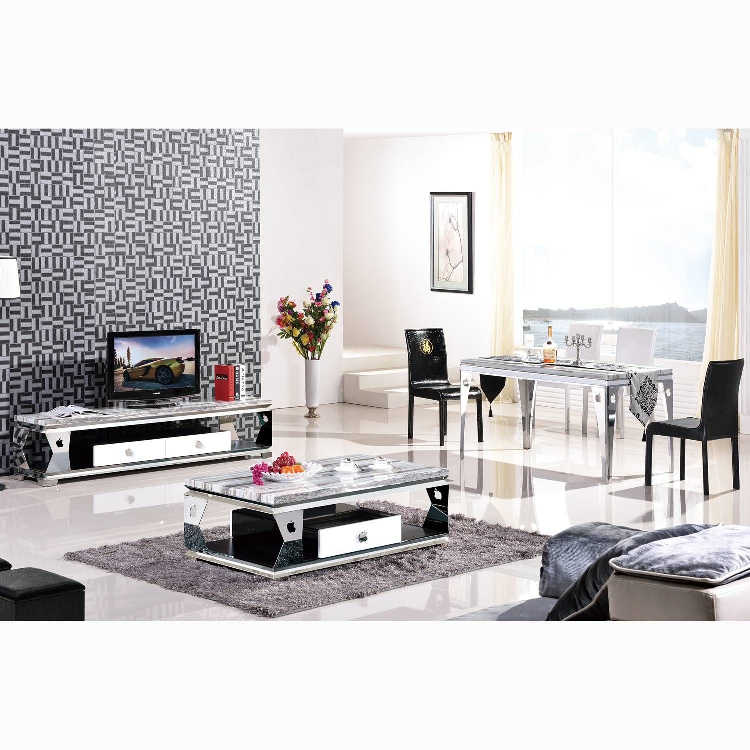 High Grade Stainless Steel Apple Tv Cabinet Marble Coffee Table Within Tv Cabinets And Coffee Table Sets (View 7 of 15)