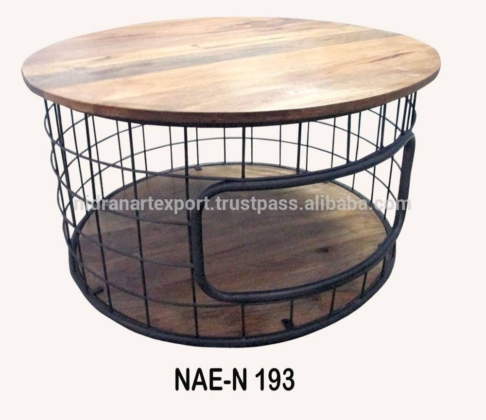 Industrial & Vintage Iron Wooden Round Coffee Table With Wheel Intended For Industrial Round Coffee Tables (View 12 of 15)