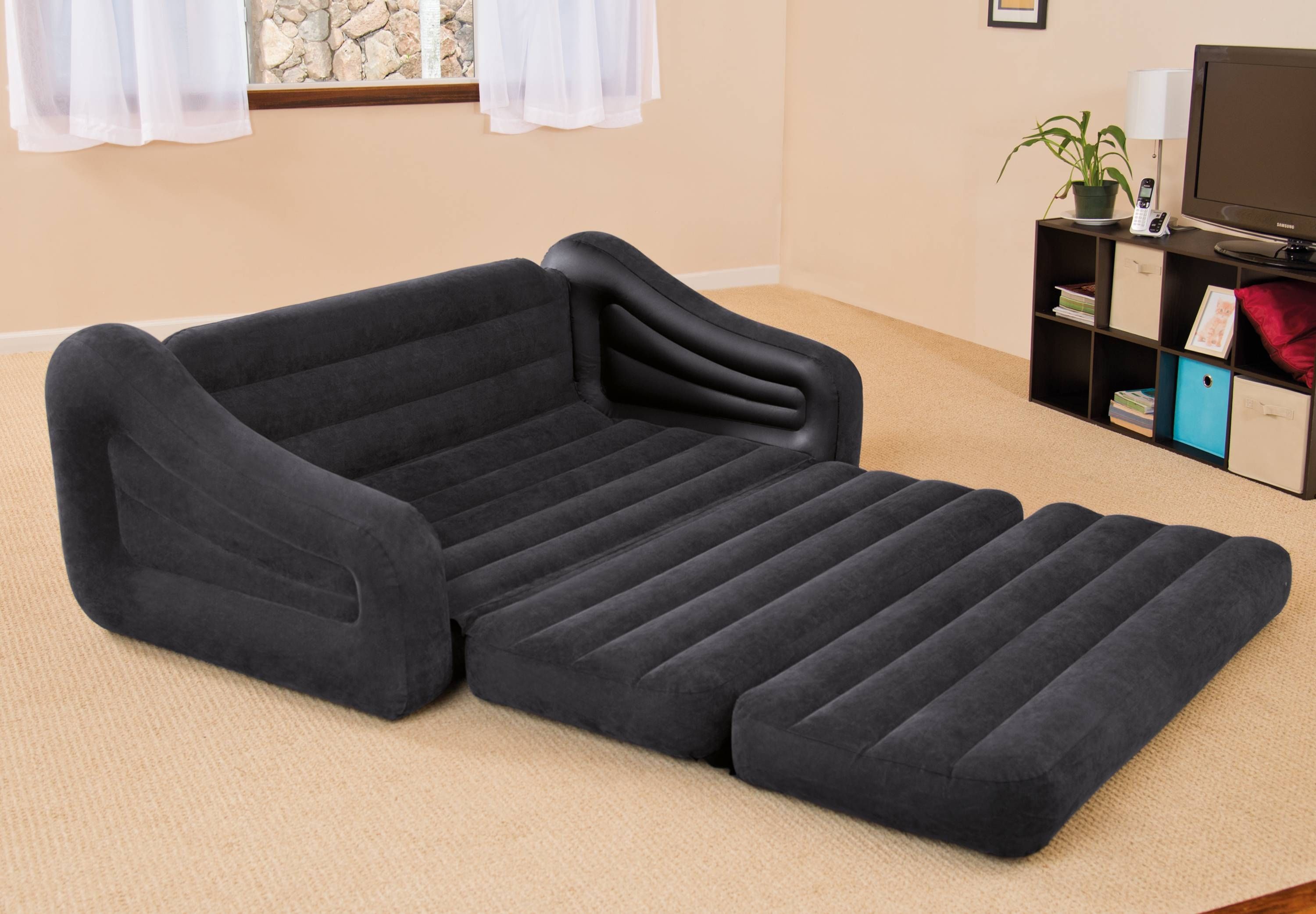 Intex Inflatable Pull Out Sofa & Queen Bed Mattress Sleeper W/ Ac Regarding Intex Queen Sleeper Sofas (View 4 of 15)