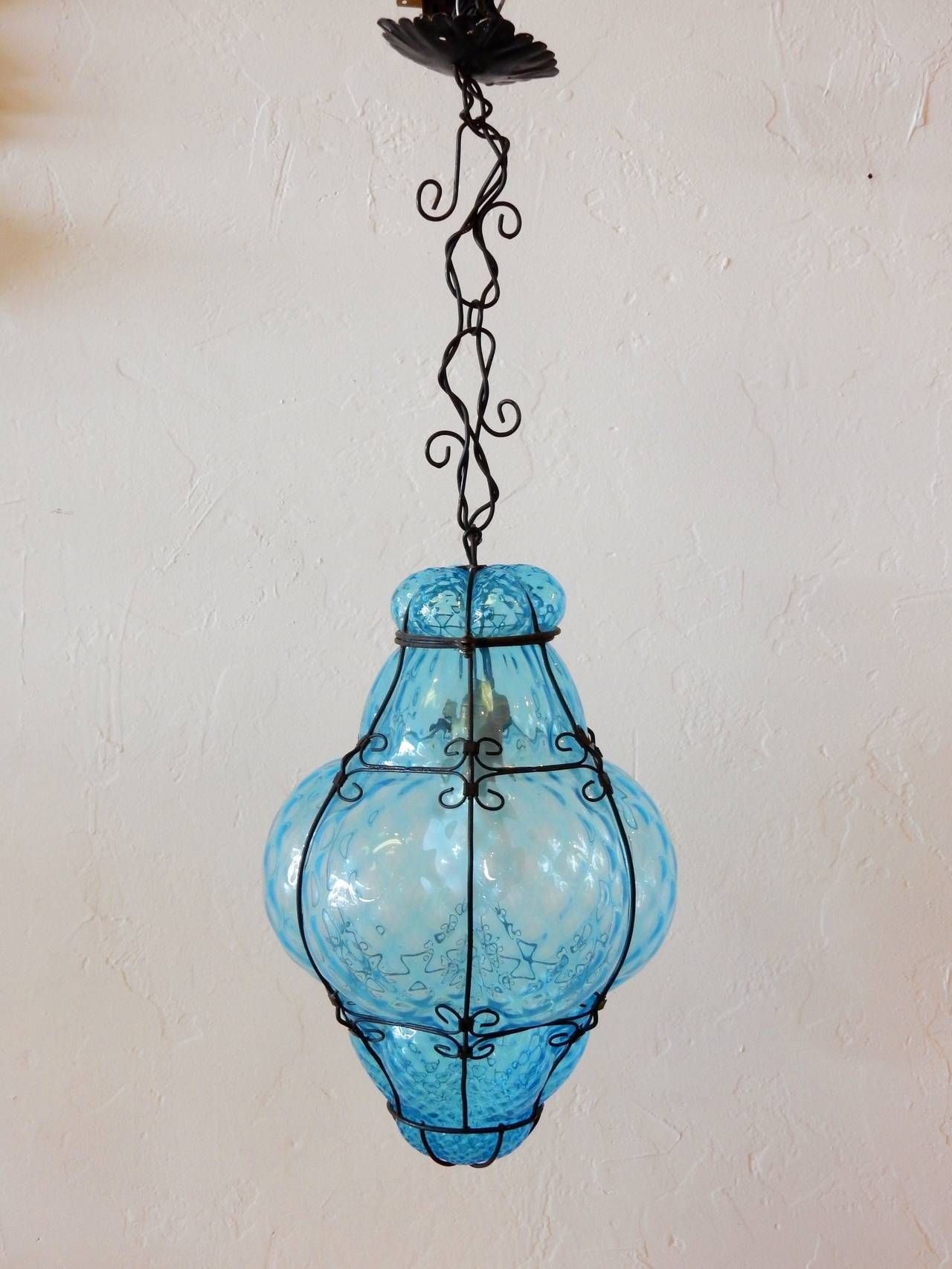 Italian Cage Art Glass Pendant Lampseugso In Aqua Blue At 1stdibs In Turquoise Glass Pendant Lights (View 12 of 15)