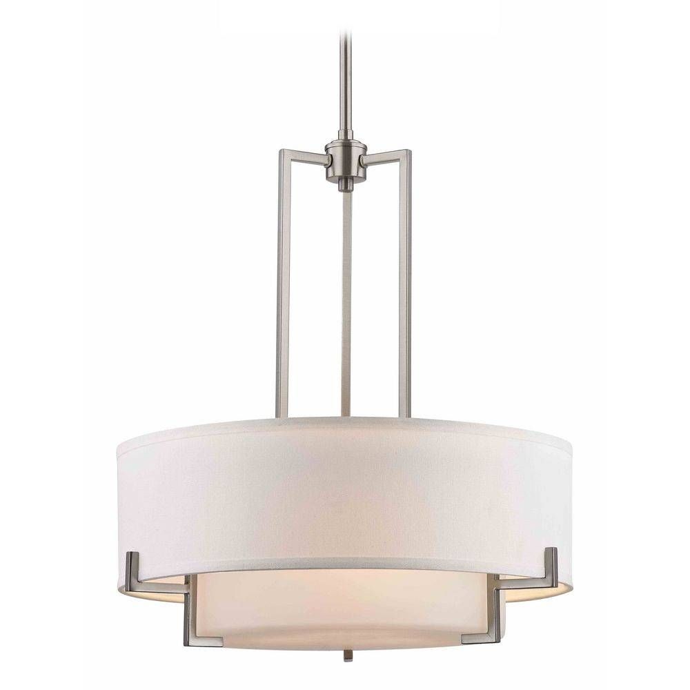 Modern Drum Pendant Light With White Glass In Satin Nickel Finish Intended For White Drum Pendants (View 2 of 15)