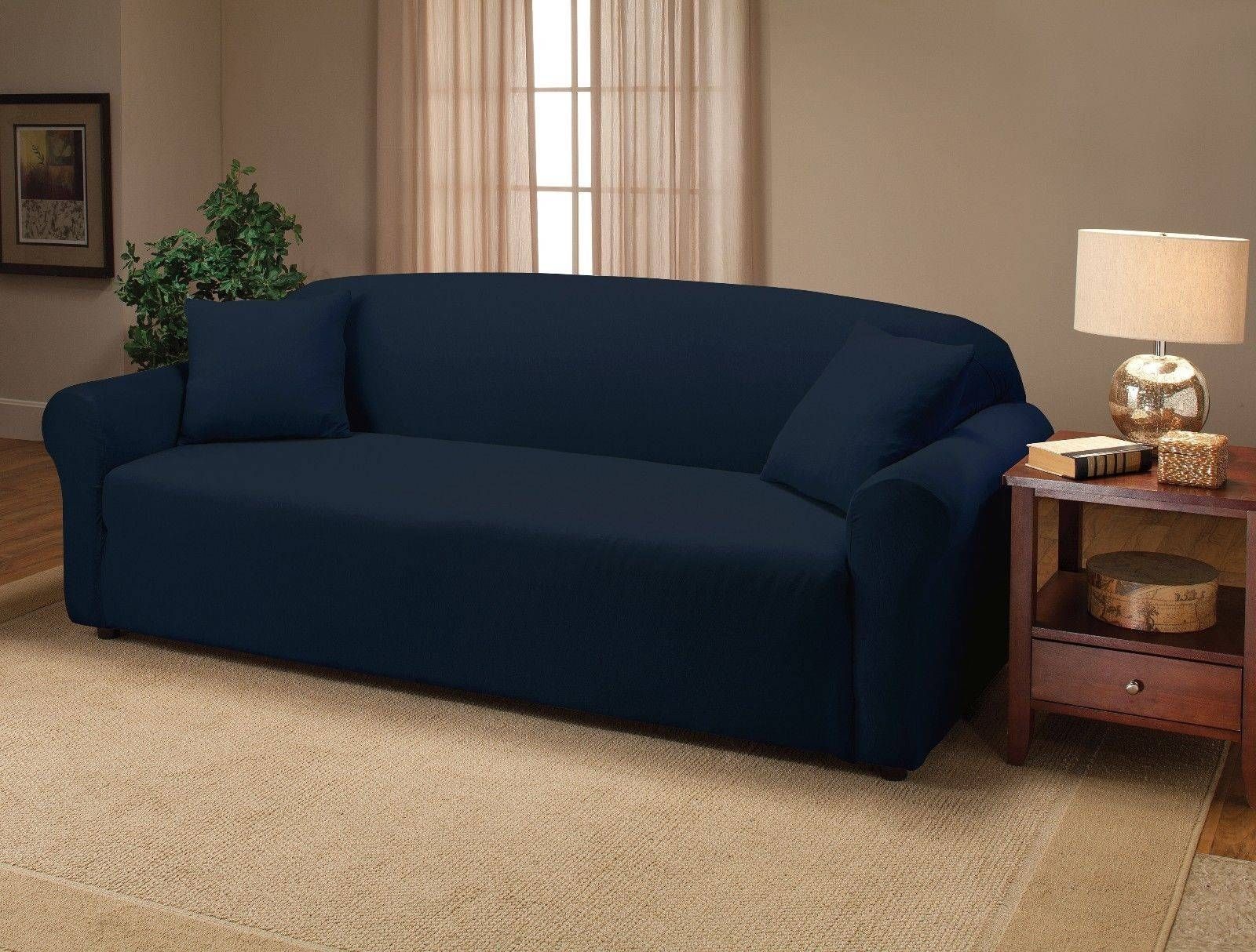Navy Chair Slipcover. Soft Micro Suede Solid Navy Blue Sofa Throughout Blue Sofa Slipcovers (Photo 9 of 15)