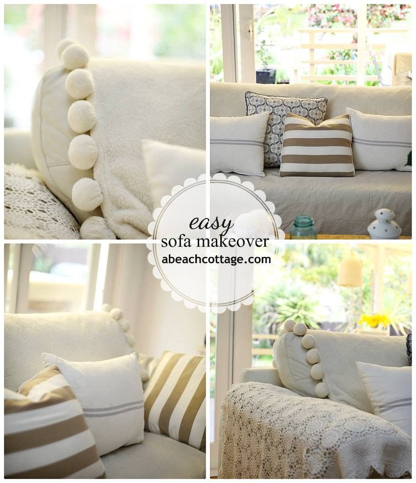 No Sew Sofa Makeover How To Cover A Sofa With Fabric / Drop Cloth Pertaining To Canvas Slipcover Sofas (View 10 of 15)