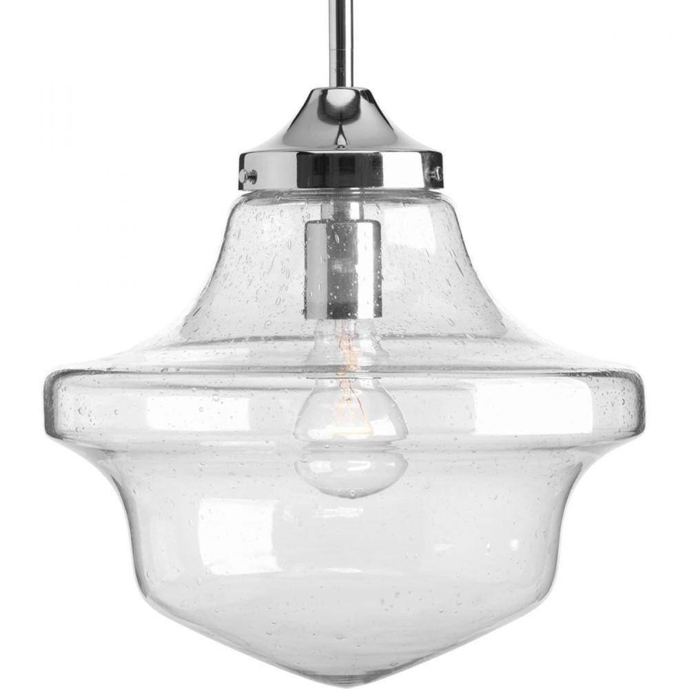 One Light Brushed Nickel Clear Seeded Light Seeded Glass School Pertaining To Large Schoolhouse Pendant Lights (View 5 of 15)