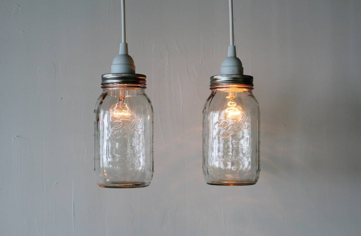 Pair Of Mason Jar Hanging Pendant Lights Upcycled Rustic Regarding Ball Jar Pendant Lights (Photo 1 of 15)