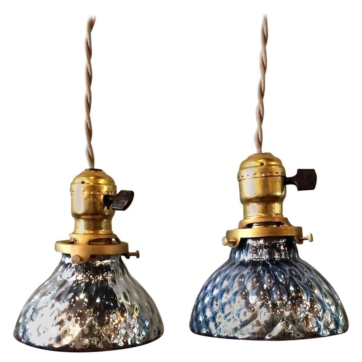 Pair Of Petite Blue Mercury Glass Pendant Lights With Brass Throughout Mercury Glass Pendant Lights (View 12 of 15)