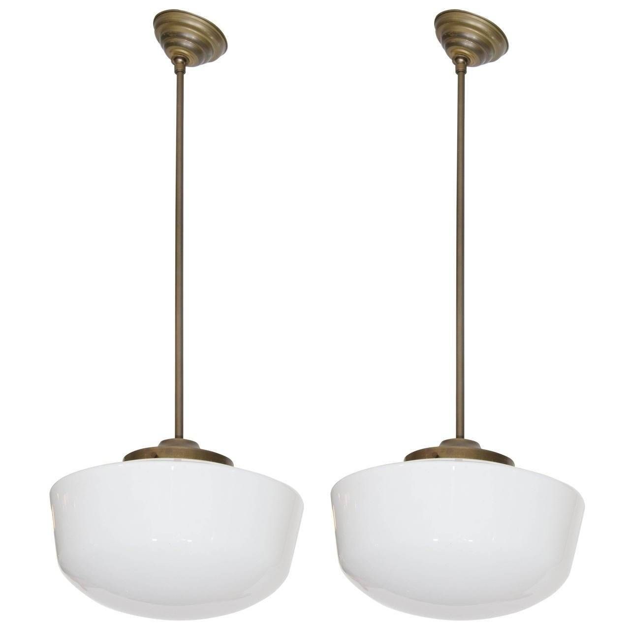 Pair Of Vintage Schoolhouse Milk Glass And Brass Pendant Lights For Milk Glass Pendant Lights (Photo 1 of 15)