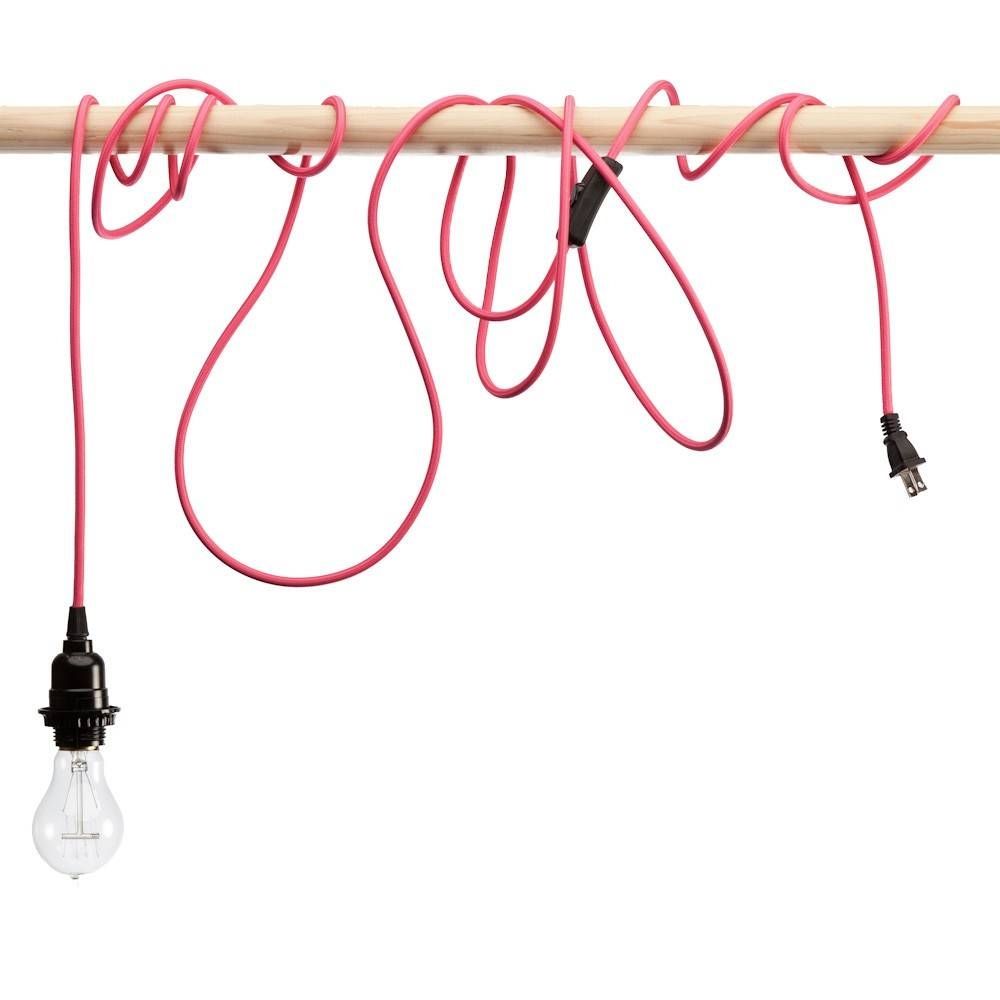 Pink Nylon Braided Cloth Covered Light Cord With Coloured Cord Pendant Lights (Photo 2 of 15)