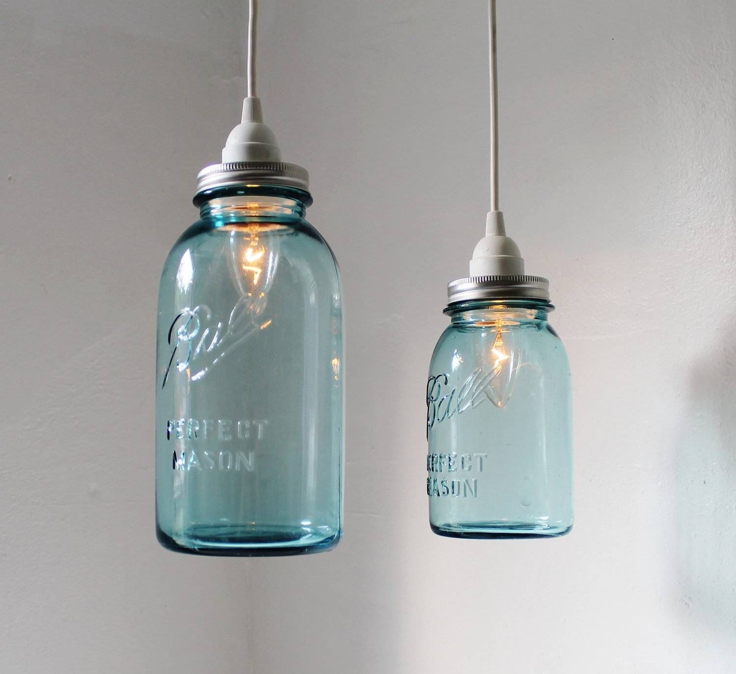Sea Glass Mason Jar Pendant Lights Set Of 2 Hanging Antique Within Turquoise Blue Glass Pendant Lights (View 6 of 15)